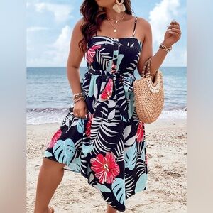 Floral Tropical Spaghetti-Strap Swim Cover Dress - Black / Pink